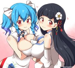 Rule 34 | 2girls, azur lane, bare shoulders, black hair, blue flower, blue hair, blue rose, blush, braid, breast hold, breast press, breasts, china dress, chinese clothes, cleavage, cleavage cutout, closed mouth, clothing cutout, collarbone, detached sleeves, dress, eromame, eyebrows, facing another, floral print, flower, gloves, gradient background, gradient hair, hair between eyes, hair flower, hair ornament, hair ribbon, heart, large breasts, long hair, long sleeves, multicolored background, multicolored hair, multiple girls, pink background, purple hair, red eyes, ribbon, rose, rose print, sleeveless, sleeveless dress, smile, st. louis (azur lane), st. louis (blue and white pottery) (azur lane), straight hair, symmetrical docking, turtleneck, twin braids, twintails, twitter username, two-tone background, two-tone hair, white background, white dress, white flower, white gloves, white ribbon, wide sleeves, yat sen (azur lane), yuri