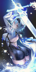 Rule 34 | 1girl, absurdres, arms up, ass, black hairband, black leotard, blue hair, blue necktie, boots, breasts, cape, closed mouth, commentary request, diamond-shaped pupils, diamond (shape), eula (genshin impact), from behind, genshin impact, gloves, gradient background, greatsword, hair ornament, hairband, highres, juliet sleeves, leotard, long sleeves, looking at viewer, looking back, medium breasts, medium hair, necktie, pottsness, puffy sleeves, snowflakes, solo, sparkle, sword, symbol-shaped pupils, thigh boots, thigh strap, thighhighs, thighs, yellow eyes