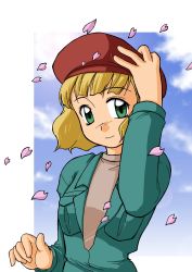 Rule 34 | 1990s (style), beret, blonde hair, green eyes, gundam, hat, highres, looking at viewer, mobile suit gundam, ness husher, retro artstyle, solo, victory gundam