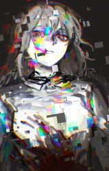 Rule 34 | 1girl, black ribbon, commentary, english commentary, glitch, grey hair, looking at viewer, neck ribbon, original, parted lips, pink eyes, ribbon, shirt, solo, tsu (lovesick1964), two (tsu (lovesick1964)), upper body, white shirt