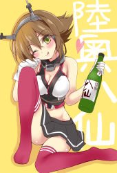 Rule 34 | 10s, 1girl, ;p, ;q, bottle, breasts, brown hair, gloves, heart, ikura nagisa, kantai collection, large breasts, midriff, miniskirt, mutsu (kancolle), one eye closed, personification, sake bottle, short hair, skirt, solo, thighhighs, tongue, tongue out, translation request, white gloves, wink