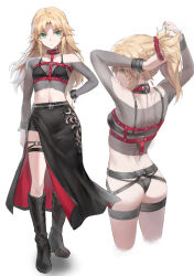 Rule 34 | 1girl, arms behind head, arms up, ass, back, black bra, black shorts, blonde hair, bra, breasts, butt crack, collarbone, fate/apocrypha, fate (series), from behind, green eyes, hand on own hip, highres, long hair, long sleeves, looking to the side, midriff, mordred (fate), mordred (fate/apocrypha), navel, parted bangs, ponytail, profile, red scrunchie, scrunchie, shorts, sidelocks, small breasts, tonee, tying hair, underwear
