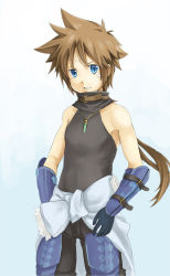 Rule 34 | !, 1boy, alba (summon night), armpits, bad id, bad pixiv id, bandaid, bandaid on face, bare shoulders, blue eyes, brown hair, gloves, highres, jewelry, kyouta (a01891226), long hair, male focus, necklace, scar, sleeveless, solo, summon night, summon night 4, teeth, upper body