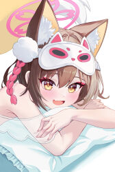 Rule 34 | 1girl, absurdres, animal ear fluff, animal ears, blue archive, blush, brown hair, crossed arms, eyeshadow, fang, fingernails, fox ears, fox girl, fox tail, halo, head on pillow, highres, izuna (blue archive), long fingernails, looking at viewer, makeup, mask, mask on head, pink halo, pom pom (clothes), prock, red eyeshadow, short hair, skin fang, sleep mask, solo, tail, white background, yellow eyes