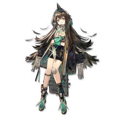 Rule 34 | 1girl, arknights, bare legs, black coat, black skirt, boots, brown hair, coat, coat on shoulders, feather hair, feathers, full body, green footwear, grin, headgear, holding, holding knife, holding weapon, kafka (arknights), knife, leg strap, long hair, looking at viewer, miniskirt, norizc, official art, open clothes, open coat, pencil skirt, reverse grip, skirt, smile, solo, transparent background, very long hair, weapon, yellow eyes