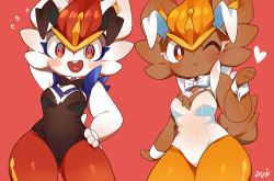 Rule 34 | @ @, alternate color, animal ears, arm behind head, black leotard, blowing kiss, bow, bowtie, breasts, cinderace, cleavage, creatures (company), cropped legs, detached collar, fake animal ears, flying sweatdrops, furry, furry female, game freak, gen 8 pokemon, hand on own hip, heart, highres, leotard, looking at viewer, minamo (pixiv17726065), nintendo, playboy bunny, pokemon, rabbit ears, rabbit tail, shiny and normal, shiny pokemon, simple background, tail, white leotard, wrist cuffs