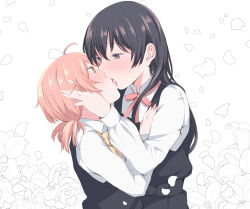 Rule 34 | 10s, 2girls, ahoge, black dress, black hair, brown eyes, collared shirt, commentary request, dress, eye contact, french kiss, from side, hair between eyes, hand on another&#039;s cheek, hand on another&#039;s chest, hand on another&#039;s face, kiss, koito yuu, long hair, long sleeves, looking at another, low twintails, multiple girls, nanami touko, open mouth, orange hair, pinafore dress, profile, red neckwear, school uniform, shichouson, shirt, short twintails, sleeveless dress, straight hair, sweat, tearing up, tongue, tongue out, twintails, unfinished, sketch background, upper body, white shirt, yagate kimi ni naru, yellow neckwear, yuri