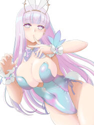 Rule 34 | 1girl, animal ears, aqua leotard, azur lane, bow, bowtie, breasts, butterfly earrings, clover hair ornament, covered navel, detached collar, earrings, fake animal ears, fake tail, hair ornament, heart-shaped innertube, highres, huge breasts, iridescent, jewelry, koucha (ginnta-tosio), large breasts, leotard, light purple hair, long hair, looking at viewer, playboy bunny, plymouth (azur lane), purple eyes, purple hair, rabbit ears, rabbit tail, simple background, solo, strapless, strapless leotard, tail, traditional bowtie, white background, wrist cuffs