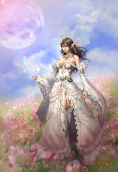 Rule 34 | 1girl, absurdres, bad id, bad pixiv id, bare shoulders, blue eyes, boots, breasts, brown hair, cleavage, detached sleeves, dress, field, flower, flower field, frills, hair ornament, highres, jewelry, large breasts, lineage, moon, necklace, pointy ears, signature, solo, thighhighs, wanhsienwei, watermark, web address, white dress, wide sleeves