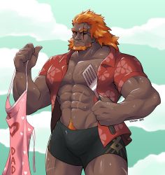 Rule 34 | 1boy, abs, alternate costume, apron, unworn apron, bara, black male swimwear, black sclera, bulge, colored sclera, facial hair, feet out of frame, fire emblem, goatee, hawaiian shirt, highres, holding, holding spatula, large pectorals, male focus, male swimwear, mature male, medium hair, muscular, muscular male, navel, navel hair, nintendo, nipples, pectoral cleavage, pectorals, pink apron, red eyes, red shirt, scar, scar across eye, scar on face, shiny skin, shirt, solo, spatula, stomach, surtr (fire emblem), swim briefs, thick thighs, thighs, voviat, wet