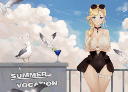 Rule 34 | 1girl, azur lane, bird, blonde hair, blue eyes, blush, breasts, cleavage, closed mouth, crossed arms, darcy (pixiv11949485), eyewear on head, feathers, highres, hood (azur lane), hood (lady of the shining sun) (azur lane), hood (warship girls r), large breasts, long hair, looking at viewer, seagull, smile, sunglasses, swimsuit, typo