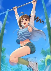 Rule 34 | 1girl, :d, ahoge, armpits, arms up, blue shirt, blue shorts, blue sky, blurry, blurry background, brown hair, cloud, cloudy sky, commentary, day, denim, denim shorts, depth of field, drill hair, green socks, hair ornament, hair scrunchie, hanging, hood, hoodie, horizontal bar, idolmaster, idolmaster million live!, jacket, kamille (vcx68), long sleeves, looking at viewer, medium hair, midriff, navel, open clothes, open jacket, open mouth, outdoors, print footwear, purple eyes, scrunchie, shirt, shoes, short shorts, shorts, side drill, side ponytail, sky, smile, sneakers, socks, solo, star (sky), star (symbol), star print, starry sky, striped clothes, striped shirt, tank top, white footwear, white jacket, wind, yokoyama nao
