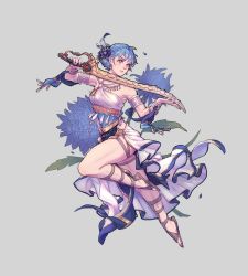 Rule 34 | 1girl, blue hair, blutgang (weapon), braid, breasts, brown eyes, crown braid, dancer, dancer (fire emblem: three houses), dress, earrings, faithom, fire emblem, fire emblem: three houses, flower, full body, gladiator sandals, grey background, hair flower, hair ornament, heroes relic (fire emblem), highres, holding, holding sword, holding weapon, jewelry, marianne von edmund, medium breasts, nintendo, parted lips, sandals, simple background, single-shoulder dress, solo, sword, thick thighs, thighs, weapon