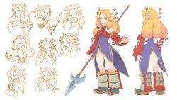 Rule 34 | 1girl, back, blonde hair, boots, character sheet, coattails, detached sleeves, expressionless, closed eyes, fringe trim, haccan, hair tubes, hand to own mouth, happy, highres, holding, holding pumpkin, holding polearm, holding weapon, imu (lom), jack-o&#039;-lantern, legend of mana, long hair, looking at viewer, multiple views, non-web source, official art, open mouth, pointy footwear, polearm, pumpkin, sad, seiken densetsu, smile, solo, spear, standing, surprised, tears, turnaround, weapon, wince, wiping tears
