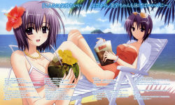 Rule 34 | 2girls, absurdres, beach, bracelet, breasts, cleavage, day, flower, hair flower, hair ornament, hibiscus, highres, jewelry, marriage royale, multiple girls, nishimata aoi, one-piece swimsuit, outdoors, purple eyes, purple hair, sand, short hair, straight neck, sunglasses, suzuhira hiro, swimsuit, water