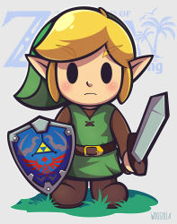 Rule 34 | 1boy, artist name, belt, black eyes, blonde hair, blush, brown belt, brown footwear, commentary, frown, green headwear, green shirt, highres, holding, holding shield, holding sword, holding weapon, hylian shield, link, long sleeves, male focus, nintendo, pointy ears, shield, shirt, shoes, solo, sword, the legend of zelda, the legend of zelda: link&#039;s awakening, weapon, woofzilla