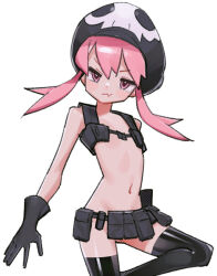 Rule 34 | 1girl, absurdres, black gloves, black hat, black thighhighs, breasts, closed mouth, fang, gloves, hat, highres, holster, jakuzure nonon, kill la kill, nudist beach uniform, pink eyes, pink hair, saaal653, shoulder holster, simple background, skin fang, small breasts, solo, thighhighs, twintails, white background