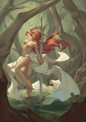 Rule 34 | 1girl, anklet, arm up, bare legs, barefoot, bigrbear, blue eyes, bracelet, breasts, breasts apart, forest, hair between eyes, highres, holding, holding sword, holding weapon, huge weapon, jewelry, long hair, long sword, looking at viewer, nature, navel, necklace, nipples, orange hair, original, outdoors, pelvic curtain, solo, standing, standing on one leg, sword, tiptoes, topfreedom, topless, tree, very long hair, weapon