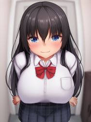 Rule 34 | 1girl, arms at sides, black hair, blue eyes, blurry, blurry background, blush, bow, bowtie, breasts, closed mouth, facing viewer, female focus, hair between eyes, happy, highres, indoors, large breasts, long hair, looking at viewer, nose blush, original, red bow, red bowtie, school uniform, shirt, skirt, smile, solo, standing, tapisuke, white shirt