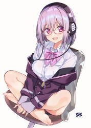 Rule 34 | 10s, 1girl, barefoot, bow, breasts, chair, collared shirt, feet, glasses, gridman universe, headphones, indian style, jacket, large breasts, light purple hair, long sleeves, looking at viewer, off shoulder, open mouth, pink bow, purple jacket, red eyes, school uniform, shinjou akane, shirt, short hair, sitting, ssss.gridman, sushikuugo (suisen), toes, white shirt