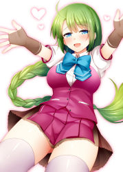 Rule 34 | 1girl, blouse, blue eyes, blush, bow, bowtie, braid, breasts, brown thighhighs, fingerless gloves, gloves, gradient background, green hair, hair between eyes, heart, kantai collection, large breasts, long hair, looking at viewer, miniskirt, open mouth, pink vest, ponytail, rui shi (rayze ray), school uniform, shirt, single braid, skirt, smile, solo, thighhighs, thighs, very long hair, vest, white shirt, white thighhighs, yuugumo (kancolle), yuugumo kai ni (kancolle)