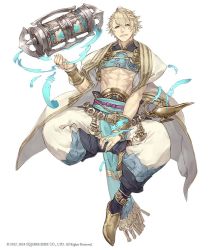 Rule 34 | 1boy, abs, aladdin (sinoalice), anklet, arabian clothes, blonde hair, blue eyes, bracelet, eyes visible through hair, floating, full body, jewelry, ji no, looking at viewer, male focus, official art, oil lamp, pointy footwear, scroll, shoes, sinoalice, solo, white background