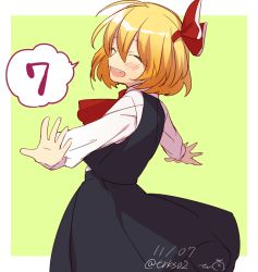 Rule 34 | 1girl, ascot, bad id, bad twitter id, blonde hair, blouse, blush, bow, dated, closed eyes, fang, hair bow, open mouth, outstretched arms, rumia, shirt, short hair, skirt, skirt set, smile, solo, speech bubble, tori (otori), touhou, twitter username, vest