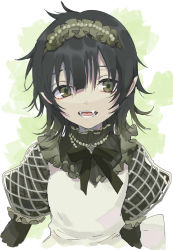 Rule 34 | 1boy, apron, bad id, bad pixiv id, black hair, fangs, frilled apron, frills, green eyes, hair between eyes, highres, kayanogura, looking at viewer, male focus, open mouth, original, pointy ears, puffy short sleeves, puffy sleeves, short sleeves, solo, upper body, white apron