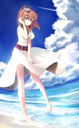 Rule 34 | 10s, 1girl, artist name, bad id, bad pixiv id, barefoot, beach, belt, blue eyes, breast pocket, brown hair, cloud, contrail, day, dress, jewelry, kantai collection, long hair, looking at viewer, outdoors, pocket, ponytail, red belt, ring, saratoga (kancolle), side ponytail, solo, uki, water, wedding band, white dress