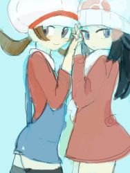 Rule 34 | 00s, 2girls, beanie, blue eyes, blue hair, blush, brown eyes, brown hair, coat, creatures (company), dawn (pokemon), dawn (pokemon platinum), female focus, friends, game freak, hat, holding hands, long hair, looking at viewer, low twintails, lyra (pokemon), multiple girls, nintendo, pokemon, pokemon (anime), pokemon dppt, pokemon hgss, short hair, simple background, smile, standing, suspenders, twintails, winter clothes, yuri