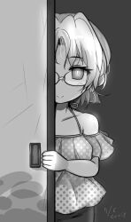 Rule 34 | 1girl, collarbone, commentary request, curse (023), glasses, greyscale, highres, hirato (kancolle), kantai collection, monochrome, official alternate costume, peeking out, polka dot, polka dot shirt, shirt, short hair, sliding doors, smile, solo, upper body