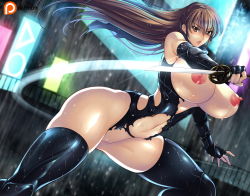Rule 34 | 1girl, breasts, brown eyes, brown hair, dead or alive, dead or alive 6, fingerless gloves, gloves, haganef, highres, huge breasts, kasumi (doa), katana, long hair, navel, nipples, pussy, rain, skindentation, sword, tagme, thighhighs, torn clothes, unzipped, weapon