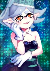 Rule 34 | + +, 1girl, black dress, blush, breasts, cleavage, daichi midori, detached collar, dress, earrings, gloves, grey hair, halftone, halftone background, inkling, jewelry, lipstick, makeup, marie (splatoon), mole, mole under eye, nintendo, orange eyes, pink lips, pointy ears, short hair, small breasts, smile, solo, sparkle, splatoon (series), splatoon 1, strapless, strapless dress, symbol-shaped pupils, tentacle hair, white gloves