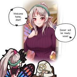 Rule 34 | 1girl, 1other, breasts, butterfly wings, crown of thorns, desk, dreaming, drooling, fairy wings, fire emblem, fire emblem heroes, grey hair, highres, hood, insect wings, jewelry, kiran (fire emblem), large breasts, long hair, nintendo, no eyes, open door, parted lips, plumeria (fire emblem), pointy ears, ponytail, red eyes, ribbed sweater, ring, seityr, sidelocks, sleeping, smile, speech bubble, sweater, teeth, wedding ring, wings