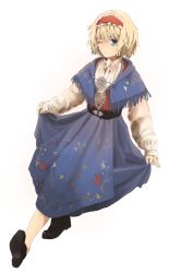 Rule 34 | 1girl, alice margatroid, alternate costume, bad id, bad pixiv id, blonde hair, blue eyes, capelet, clothes lift, curtsey, dress, dress lift, dutch angle, full body, hairband, highres, long sleeves, looking at viewer, one eye closed, shoes, short hair, simple background, skirt hold, solo, touhou, unitsu, white background