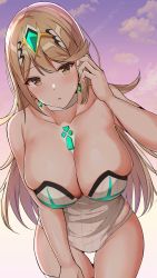 Rule 34 | 1girl, bare shoulders, blonde hair, blush, breasts, cleavage, earrings, highres, jewelry, large breasts, long hair, looking at viewer, mythra (radiant beach) (xenoblade), mythra (xenoblade), noeomi, one-piece swimsuit, open mouth, sidelocks, solo, strapless, strapless one-piece swimsuit, swept bangs, swimsuit, thighs, tiara, white one-piece swimsuit, xenoblade chronicles (series), xenoblade chronicles 2, yellow eyes