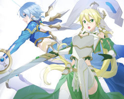 Rule 34 | 2girls, absurdres, armor, armored skirt, black gloves, blonde hair, blue armor, blue eyes, blue hair, blue jacket, blue skirt, bow (weapon), braid, breastplate, clothing cutout, commentary, floating, from side, frown, gloves, green eyes, green jacket, green skirt, hair ornament, hair tubes, highres, holding, holding bow (weapon), holding sword, holding weapon, jacket, leafa, leafa (terraria), leg up, long hair, long skirt, long sleeves, looking at viewer, metal wings, multiple girls, open mouth, pelvic curtain, ponytail, raitho, short hair, shoulder cutout, sinon, sinon (solus), skirt, sword, sword art online, sword art online: alicization, sword art online: alicization - war of underworld, twin braids, very long hair, weapon, white background