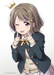 Rule 34 | 10s, 1girl, ;p, artist name, bad id, bad twitter id, beige cardigan, black jacket, blazer, brown hair, cardigan, commentary, crescent, crescent hair ornament, crown, fingers to cheeks, hair ornament, highres, jacket, long sleeves, looking at viewer, love live!, love live! nijigasaki high school idol club, nakasu kasumi, neck ribbon, nijigasaki academy school uniform, notice lines, one eye closed, partially unbuttoned, plaid, plaid skirt, pleated skirt, purple eyes, ribbon, school uniform, short hair, skirt, sleeves past wrists, solo, star (symbol), star hair ornament, surufuji, tongue, tongue out, white skirt, yellow ribbon