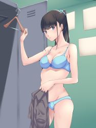 Rule 34 | 1girl, black hair, black mutou, blue bra, blue eyes, blue panties, blue scrunchie, bow, bow bra, bow panties, bra, breasts, cleavage, closed mouth, clothes hanger, commentary, cowboy shot, crotch seam, grey shirt, highres, holding, holding clothes, holding shirt, indoors, light smile, locker, locker room, long hair, looking at viewer, medium breasts, original, panties, ponytail, scrunchie, shirt, unworn shirt, solo, standing, underwear, underwear only, undressing