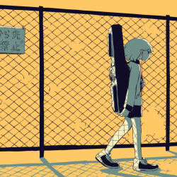 Rule 34 | 1girl, avogado6, backlighting, chain-link fence, commentary request, earbuds, earphones, expressionless, fence, from side, greyscale with colored background, guitar case, holding strap, instrument case, instrument on back, long sleeves, looking ahead, original, profile, shadow, shoes, short hair, shoulder strap, sign, skirt, sneakers, solo, spot color, translation request, walking, wide shot, yellow background