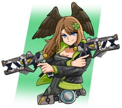 Rule 34 | &gt;:), 1girl, absurdres, black jacket, blue eyes, bodysuit, breasts, brown hair, brown wings, cleavage, closed mouth, clover hair ornament, collarbone, covered navel, cropped torso, crossed arms, dual wielding, eunie (xenoblade), feathered wings, four-leaf clover hair ornament, gradient background, green background, grey bodysuit, gun, hair ornament, head wings, highres, holding, holding gun, holding weapon, hood, hood down, hooded jacket, i llius, jacket, long hair, medium breasts, open clothes, open jacket, parted bangs, smile, solo, upper body, v-shaped eyebrows, weapon, white background, wings, xenoblade chronicles (series), xenoblade chronicles 3