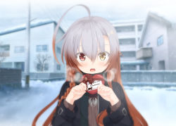 Rule 34 | 1girl, ahoge, black jacket, bow, box, braid, breath, brown eyes, brown hair, brown shirt, commentary request, day, fangs, german text, gift, gift box, gradient hair, grey hair, hair between eyes, hands up, happy valentine, heart-shaped box, heterochromia, holding, holding gift, jacket, kisaragi yuu (re:lucks), long hair, long sleeves, looking at viewer, multicolored hair, open clothes, open jacket, open mouth, original, outdoors, red bow, red eyes, ribbed shirt, shirt, single braid, snow, snowing, solo, translated, upper body, valentine, very long hair