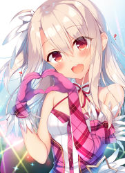 Rule 34 | 1girl, :d, asymmetrical gloves, bare shoulders, blush, breasts, commentary request, elbow gloves, fate/kaleid liner prisma illya, fate (series), feather-trimmed gloves, feather trim, gloves, hair between eyes, hands up, heart, heart hands, illyasviel von einzbern, light brown hair, long hair, medium breasts, one side up, open mouth, pink gloves, red eyes, round teeth, sazaki ichiri, shirt, single elbow glove, smile, solo, sparkle, teeth, uneven gloves, upper body, upper teeth only, very long hair, white shirt