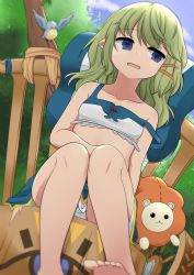 Rule 34 | 10s, 1girl, aggressive saitou, animal, bad id, bad pixiv id, bare legs, bare shoulders, bird, blue eyes, blue skirt, blue sky, cloud, collarbone, crop top, day, empty eyes, eyebrows, feet, granblue fantasy, green hair, hair down, hair ornament, hairclip, harvin, highres, knees together feet apart, long hair, looking away, looking to the side, mimlememel, open mouth, panties, pantyshot, plant, pointy ears, sitting, skirt, sky, solo, strap slip, stuffed animal, stuffed sheep, stuffed toy, tank top, toes, underwear, wheelchair, white panties