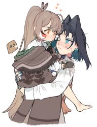 Rule 34 | aged down, ahoge, blue eyes, blue hair, brown eyes, brown hair, carrying, carrying person, eus ing, feather hair ornament, feathers, friend (nanashi mumei), hair intakes, hair ornament, hololive, hololive english, long hair, multicolored hair, multiple girls, nanashi mumei, ouro kronii, ponytail, short hair, streaked hair, very long hair, virtual youtuber