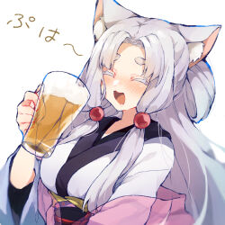 1girl :3 alcohol animal_ear_fluff animal_ears beads beer beer_mug blush breasts closed_mouth colored_eyelashes commentary_request cup fox_ears hagoromo hair_beads hair_ornament hankenkaku holding holding_cup japanese_clothes kimono large_breasts long_hair long_sleeves mug obi obijime open_mouth parted_bangs sash shawl sidelocks simple_background solo three_quarter_view touhoku_itako translation_request upper_body very_long_hair voiceroid white_background white_hair white_kimono