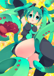 Rule 34 | 1girl, armpits, arms up, detached sleeves, green eyes, green hair, hatsune miku, long hair, matching hair/eyes, necktie, open mouth, panties, rfa, skirt, solo, striped clothes, striped panties, tentacle hair, tentacles, thighhighs, twintails, underwear, very long hair, vocaloid