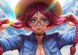 Rule 34 | 1girl, 2015, 2016, artist name, black neckwear, blue eyes, blue shirt, blue sky, braid, breasts, buttons, choker, cleavage, collared shirt, copyright name, day, eyebrows, eyelashes, fingernails, freckles, glasses, hair tie, hat, holding, holding hair, lens flare, lips, long hair, long sleeves, looking afar, looking up, magion02, medium breasts, ms.assistant, nail polish, nose, original, outdoors, parted lips, pink hair, pink nails, round eyewear, shirt, sky, solo, straw hat, sun hat, swept bangs, twin braids, twintails, unbuttoned, upper body, wing collar
