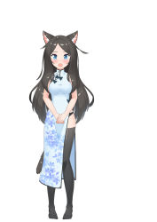 Rule 34 | 1girl, absurdres, aina (mao lian), animal ears, black hair, black panties, black thighhighs, blue dress, blue eyes, cat ears, cat tail, china dress, chinese clothes, dress, full body, highres, long hair, mao lian (nekokao), open mouth, original, own hands together, panties, side slit, simple background, sleeveless, sleeveless dress, solo, tail, thighhighs, underwear, white background