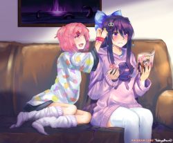 Rule 34 | 2girls, :d, artist name, bandaged arm, bandages, blue bow, book, bow, casual, commentary, couch, cupcake, doki doki literature club, english commentary, fang, food, food print, hair bow, hair ornament, hairclip, holding, holding book, holding food, indoors, long hair, long sleeves, loose socks, multiple girls, natsuki (doki doki literature club), open mouth, painting (object), pink eyes, pink hair, purple eyes, purple hair, reading, short hair, sitting, smile, socks, takuyarawr, thighhighs, two side up, very long hair, white legwear, wide sleeves, yuri (doki doki literature club)